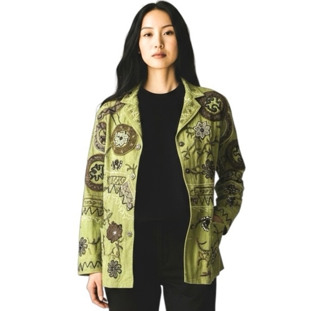 VTG CHICOS Boho Art To Wear Made in India Embroidered Silk Green Blazer Jacket